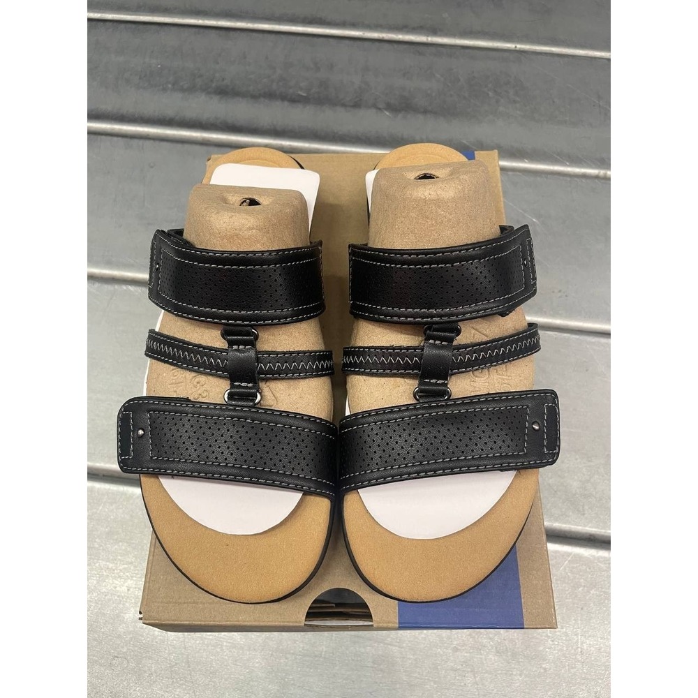 Clarks Elizabeth Ave Sandals Womens 6 Black Leather Slip On Slide - Picture 2 of 9